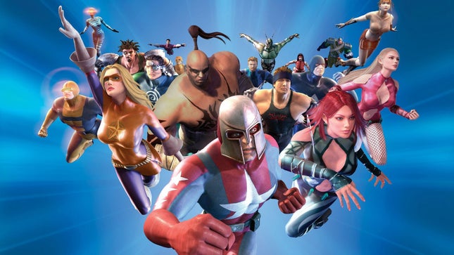 One image shows a group of costumed superheroes as seen in City of Heroes. 
